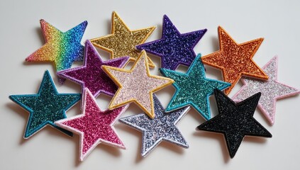 Obraz premium A cluster of colorful, glittery star-shaped patches