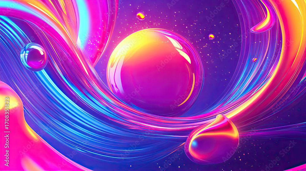 Poster vibrant abstract design featuring colorful swirls, spheres, and droplets. dynamic composition create
