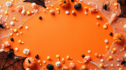 A festive Halloween scene featuring orange backgrounds, candy, pumpkins, and spider webs, creating a spooky yet playful atmosphere.