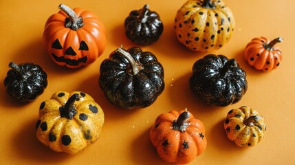 A festive arrangement of decorative pumpkins in various sizes and colors, perfect for Halloween decorations.