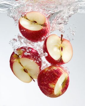 Sliced red apples splashing in water.  Four apple halves, vibrant red with white flesh, are submerged in a water-filled space.  