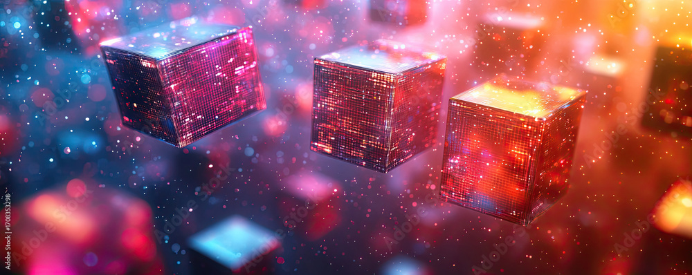 Poster floating digital data cubes create vibrant and dynamic scene filled with colorful lights and particl