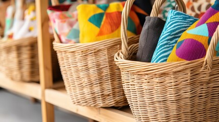 Cozy Shop Featuring Handmade Wicker Baskets Filled with Colorful Textiles and Unique Accessories