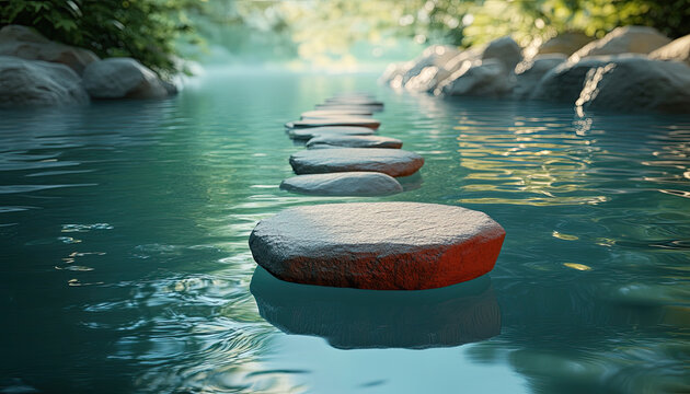 Stepping stones across calm river create peaceful scene surrounded by lush greenery. sunlight filters through trees, enhancing of nature