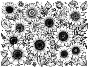 Black and white floral design with sunflowers and other flowers