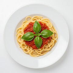 A plate of spaghetti with tomato sauce and basil, isolated on white background