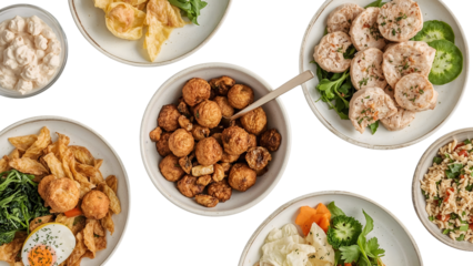 Assorted healthy vegan dishes with plantbased snacks, salads, vegetables, egg substitute, and proteinrich foods on the transparent background