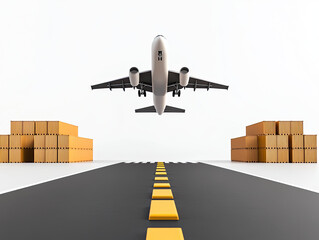 modern air cargo plane takes off above stacked shipping containers on runway, symbolizing efficient logistics and transportation