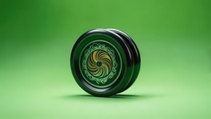 A sleek, black yo-yo rests on a vibrant green background. Its surface features an intricate