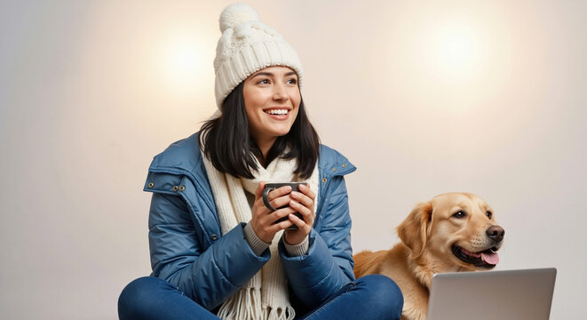 Smiling woman in cozy winter clothes with her golden retriever dog. Young person holding a warm mug next to a laptop. Pet companionship concept with copy space