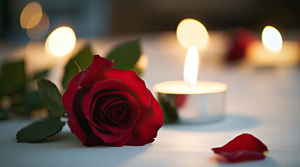 single elegant red rose lies beside lit candle, creating romantic ambiance. soft glow of candlelight beauty of rose, making it perfect centerpiece for special occasion