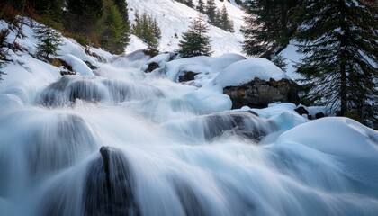 white water rushing down a snowy mountain slope rushing flowing