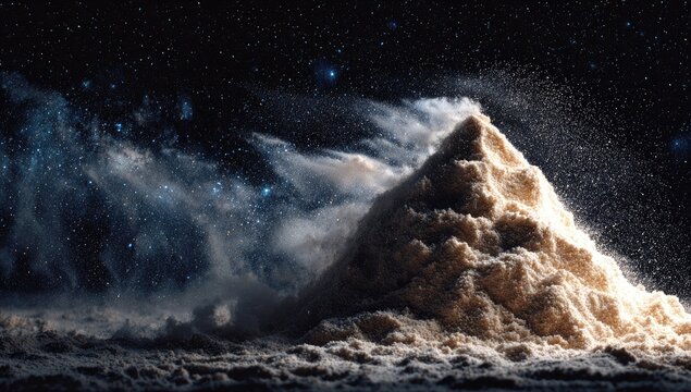 Pyramid of light beige powder, cosmic backdrop
