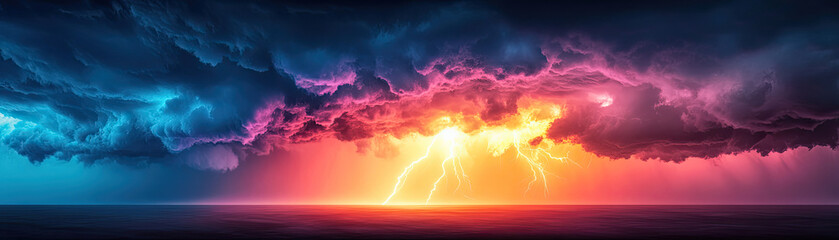dramatic stormy sky with vibrant colors, lightning and dark clouds over calm ocean. scene evokes sense of awe and power in nature