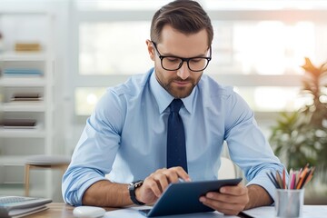 A businessman in a contemporary office using a tablet computer.  A headshot of a guy director or entrepreneur at work.  Business idea
