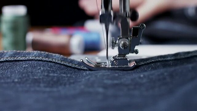 Close-up of a sewing machine stitching denim fabric, showcasing craftsmanship and creativity in textile work.