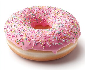 A glazed donut, vibrant pink, topped with colorful sprinkles