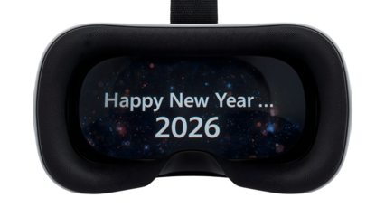 Virtual reality headset greeting with happy new year 2026 message against a futuristic space background