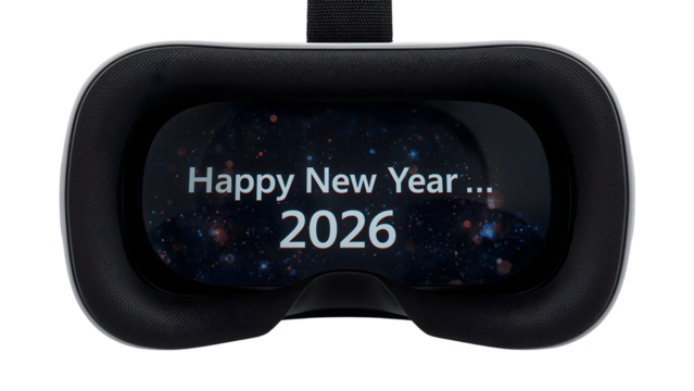 Virtual reality headset greeting with happy new year 2026 message against a futuristic space background