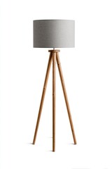 Light gray fabric lampshade on a light brown wooden tripod floor lamp