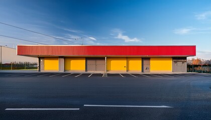 Fototapeta premium generic retail supermarket exterior with bold color facade in red gray and yellow empty parking lot clean architectural lines evening light