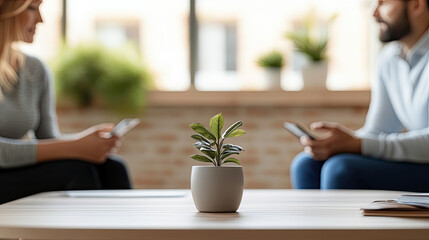 Therapist and client engaged in session, focusing on communication and connection. small plant adds touch of nature to modern setting, enhancing of room