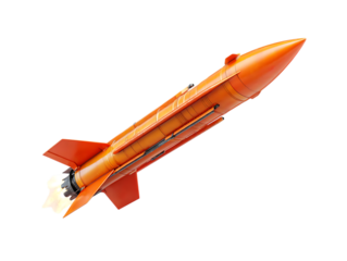 Orange toy rocket with fins isolated on transparent background
