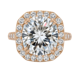 Rose gold halo engagement ring with large round diamond center and pave accent diamonds for elegant bridal jewelry