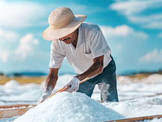 worker is harvesting salt under bright sky, wearing straw hat and gloves. scene captures labor and dedication involved in salt production, vast salt fields
