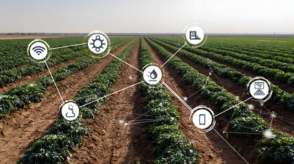 Smart agriculture field with connected sensors monitoring environmental conditions and crop data