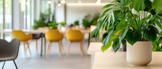 Spacious coworking area with modern furniture and vibrant plants, creating lively and productive environment. design promotes collaboration and comfort for all users