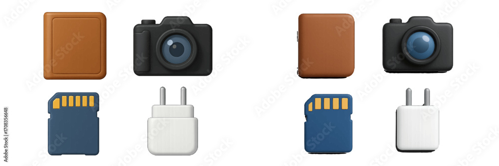 Poster collection of camera and technology icons including memory cards and chargers displayed in a digital