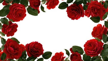Red rose frame on white background