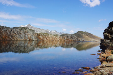 The view of Schwarzsee lake in Oetztal valley, in the Austrian Alps