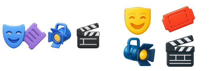 Colorful collection of film and theater emoji showcasing entertainment elements like masks and clapperboards