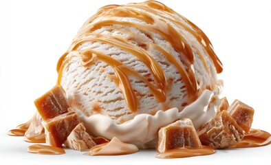 Caramel ice cream scoop, drizzled with caramel sauce, and surrounded by caramel chunks