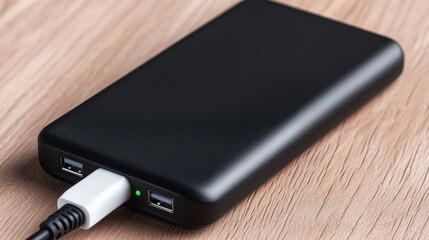 Portable Power Bank Close-Up View with Charging Cable on Wooden Surface