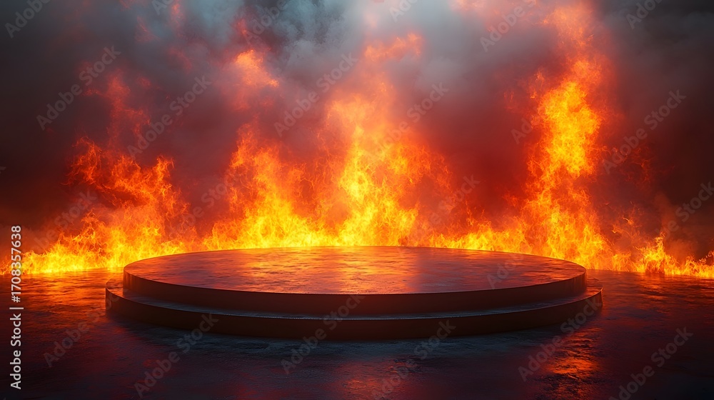 Poster a circular podium is dramatically illuminated by intense orange and red flames and smoke creating a 