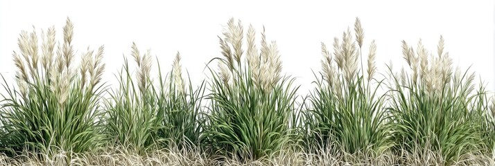 Multiple clumps of light-green grass with fluffy, light beige flower-like seed heads