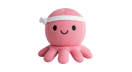 Isolated pink octopus plush toy with headband and cute face on a neutral background