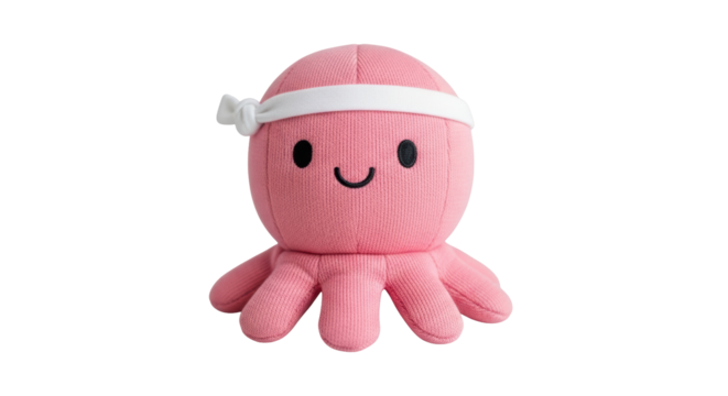Isolated pink octopus plush toy with headband and cute face on a neutral background