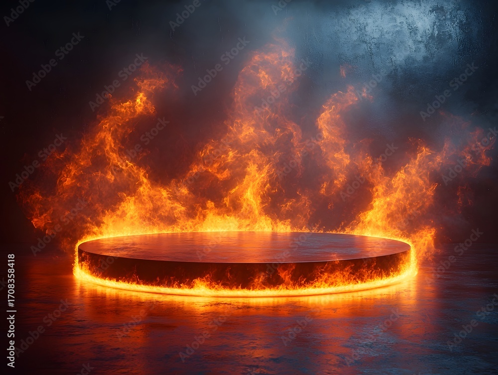 Poster a circular empty stage is surrounded by vibrant intense flames and smoke creating a dramatic and pow