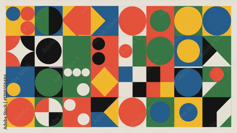 Poster vector art of colorful geometric shapes arranged in a grid pattern on a light background