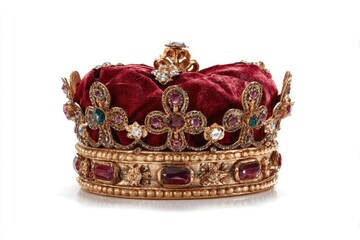 Ornate maroon velvet crown, gold-accented, jeweled