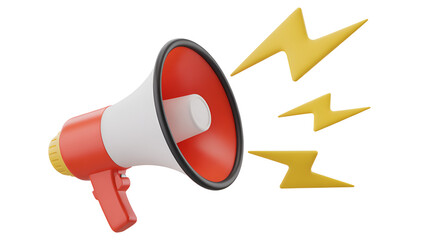 3D Red and White Megaphone with Yellow Lightning Bolts
