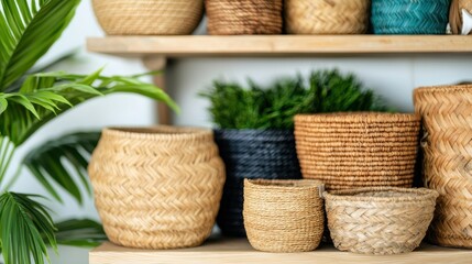 Handcrafted Natural Fiber Baskets Displayed on Wooden Shelves with Green Foliage Accents