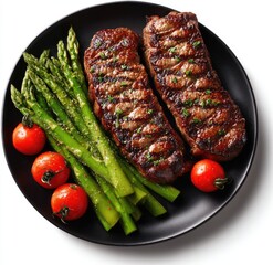 Grilled steak with asparagus and cherry tomatoes on a dark plate