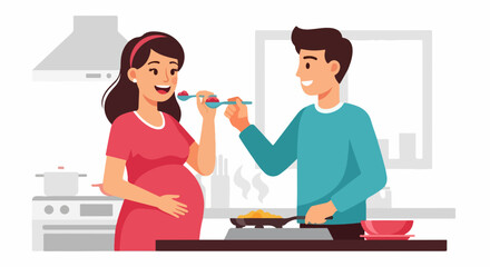 Pregnant woman eating is seen in this illustration with partner. Loving couple cooking shows a caring husband feeding his pregnant woman.