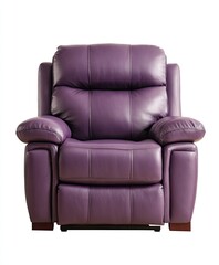 Purple leather recliner chair,  front view.  Solid color,  padded seating and back.  Comfortable,  modern style