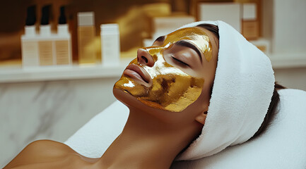 woman relaxes with gold facial mask, spa treatment experience. environment her beauty routine, surrounded by skincare products